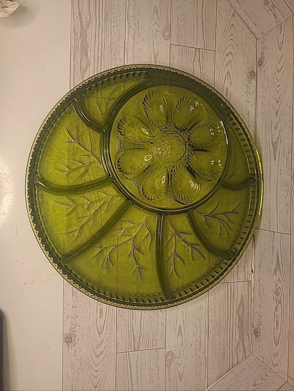 Vintage Indiana Glass Avocado Green Deviled Egg Tray And Relish Platter Divided